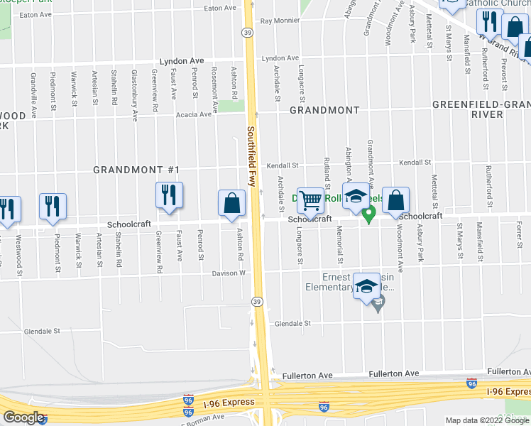 map of restaurants, bars, coffee shops, grocery stores, and more near 13910 Southfield Road in Detroit