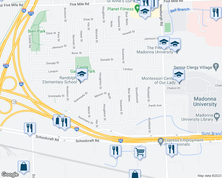 map of restaurants, bars, coffee shops, grocery stores, and more near 14354 Nola in Livonia