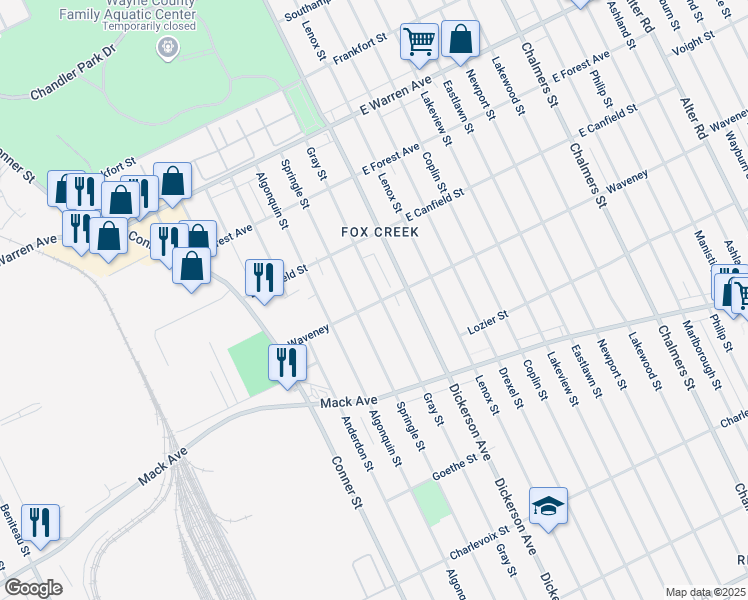 map of restaurants, bars, coffee shops, grocery stores, and more near 4305 Gray Street in Detroit