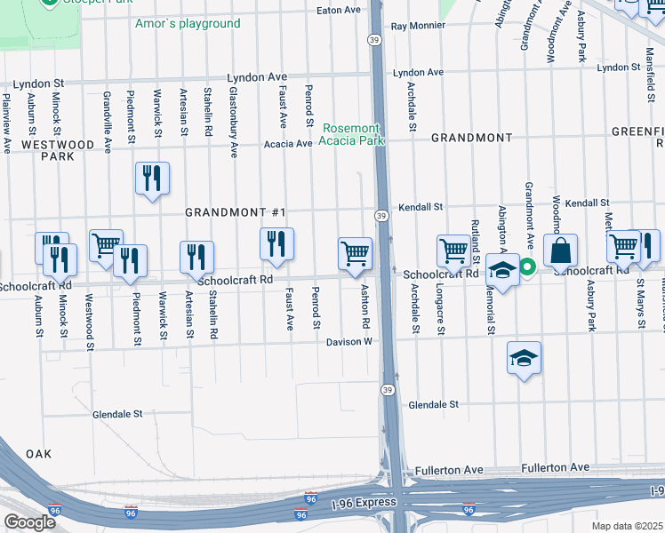 map of restaurants, bars, coffee shops, grocery stores, and more near 13921 Rosemont Avenue in Detroit