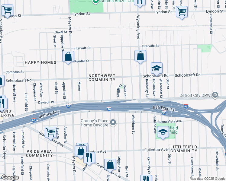 map of restaurants, bars, coffee shops, grocery stores, and more near 13566 Birwood Street in Detroit