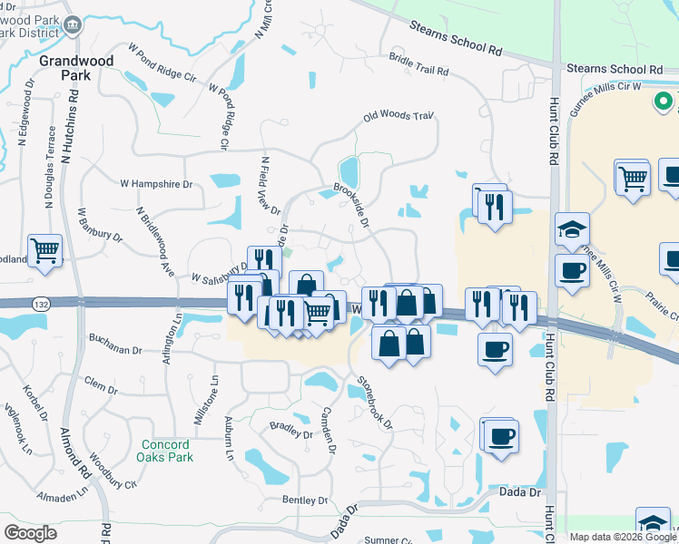 map of restaurants, bars, coffee shops, grocery stores, and more near 36116 North Springbrook Lane in Gurnee