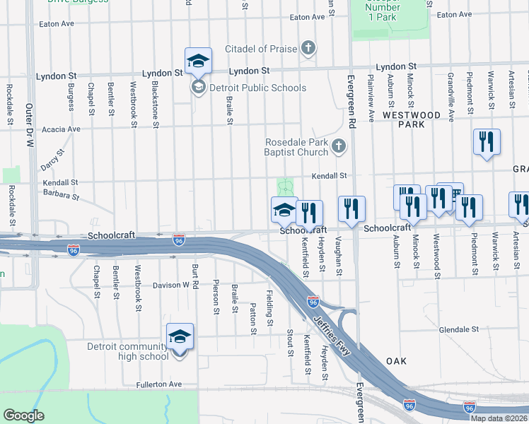 map of restaurants, bars, coffee shops, grocery stores, and more near 13955 Fielding St in Detroit