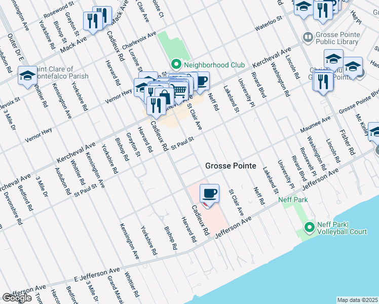 map of restaurants, bars, coffee shops, grocery stores, and more near 23 Village Lane in Grosse Pointe Park