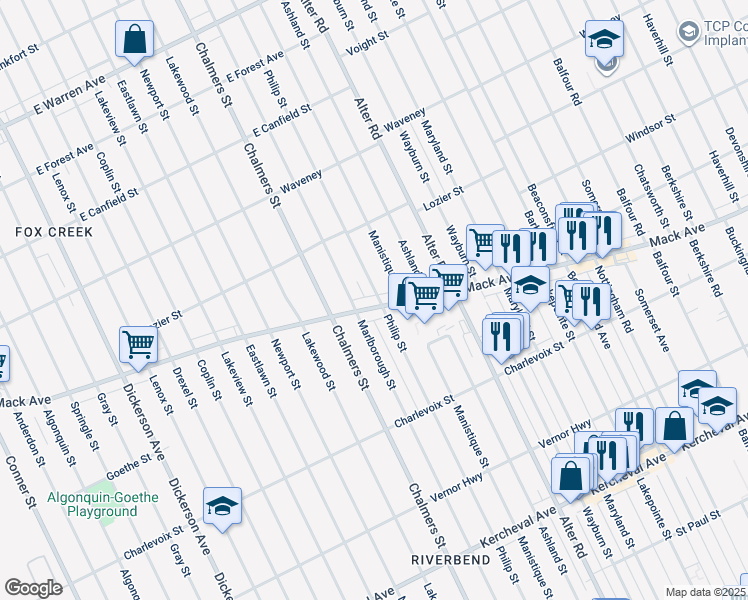 map of restaurants, bars, coffee shops, grocery stores, and more near 14517 Mack Avenue in Detroit