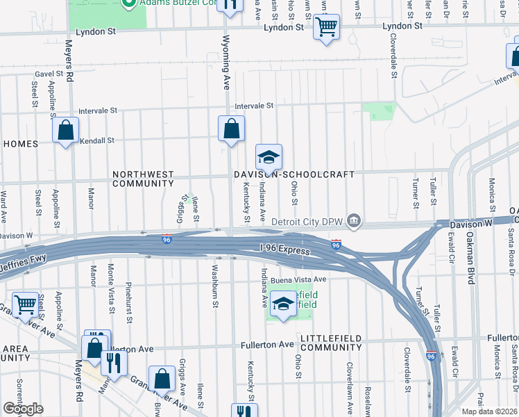 map of restaurants, bars, coffee shops, grocery stores, and more near 13559 Indiana Street in Detroit