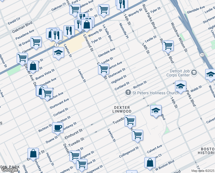 map of restaurants, bars, coffee shops, grocery stores, and more near 12335 Linwood Street in Detroit