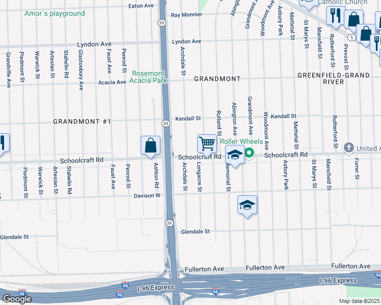 map of restaurants, bars, coffee shops, grocery stores, and more near 13914 Archdale Street in Detroit