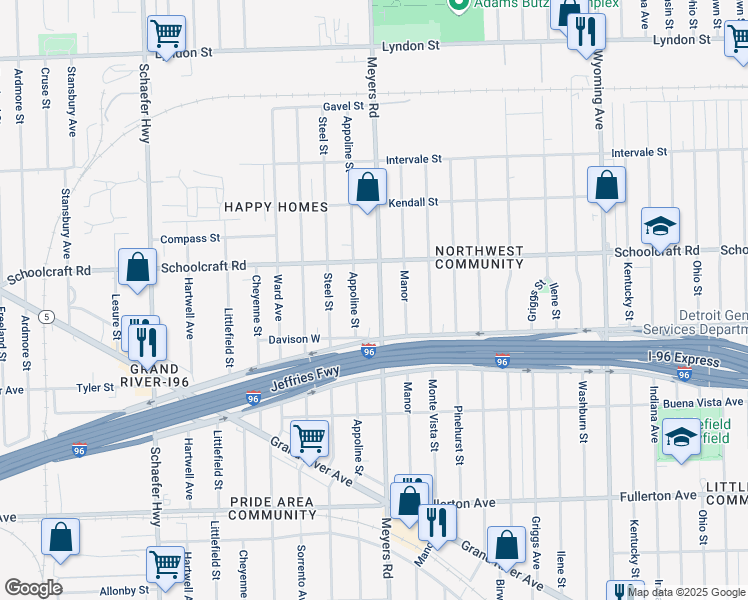map of restaurants, bars, coffee shops, grocery stores, and more near 13581 Meyers Road in Detroit