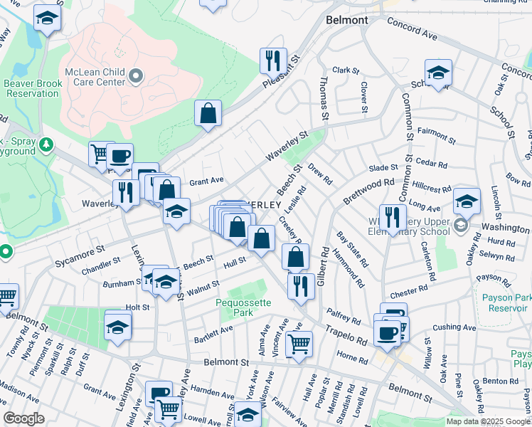 map of restaurants, bars, coffee shops, grocery stores, and more near 183 Beech Street in Belmont