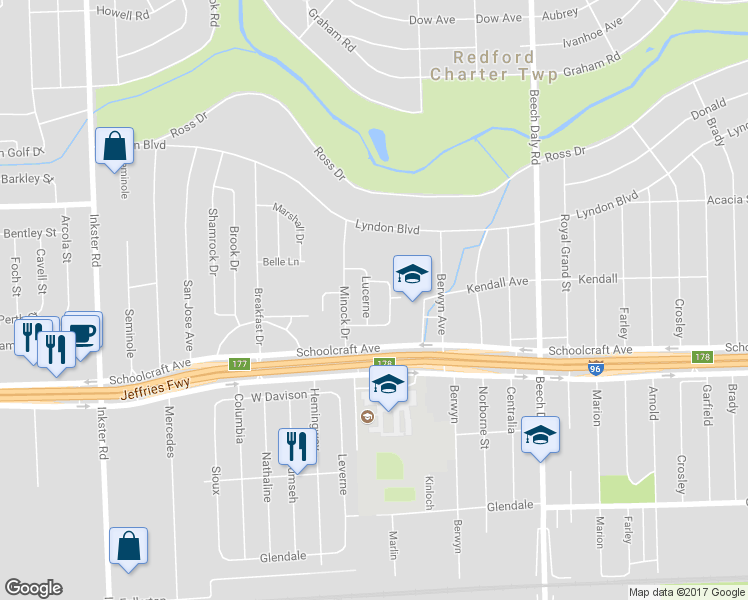 map of restaurants, bars, coffee shops, grocery stores, and more near 14040 Lucerne in Redford Charter Township