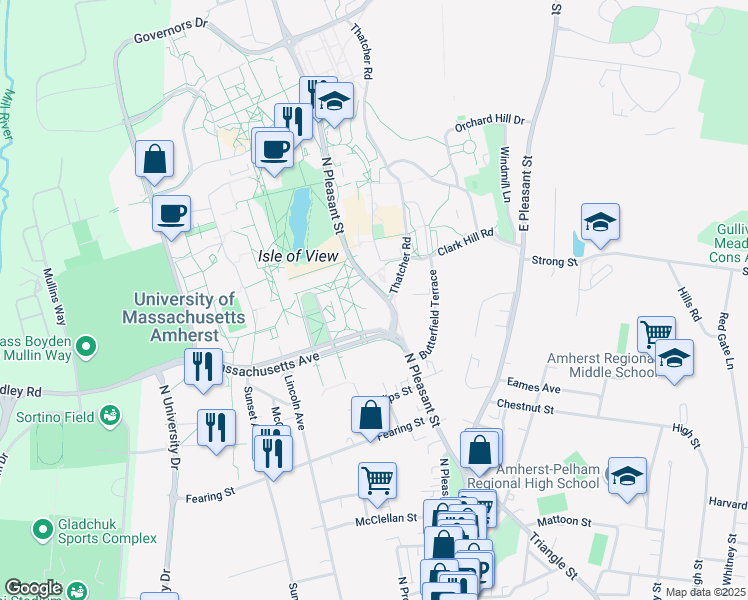map of restaurants, bars, coffee shops, grocery stores, and more near 496 North Pleasant Street in Amherst