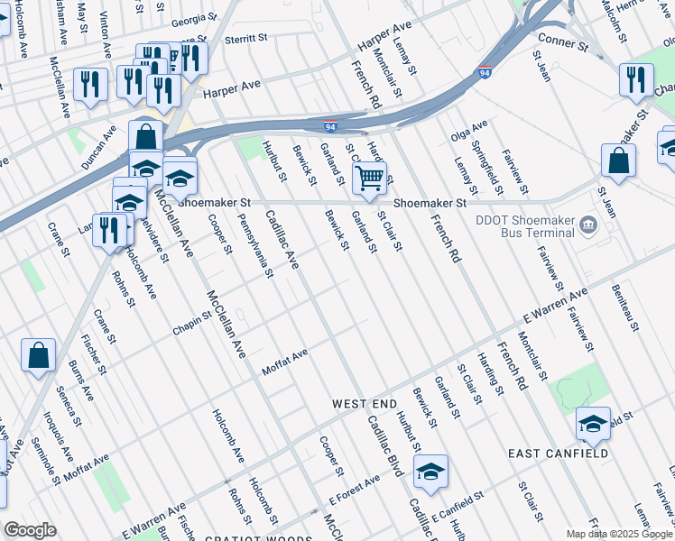 map of restaurants, bars, coffee shops, grocery stores, and more near 5526 Hurlbut Street in Detroit