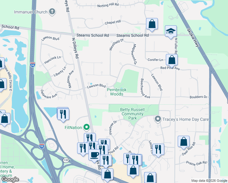 map of restaurants, bars, coffee shops, grocery stores, and more near 5481 Parkside Court in Gurnee