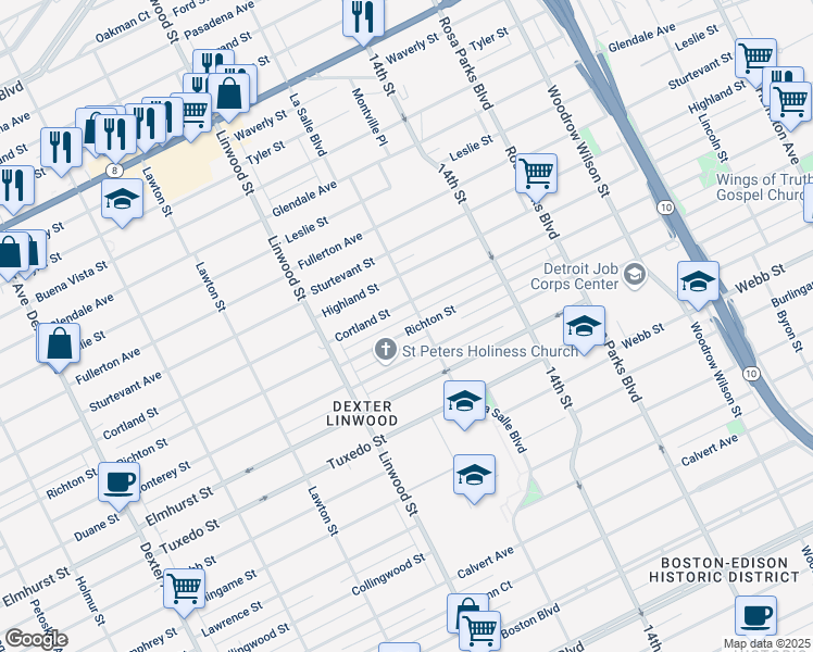 map of restaurants, bars, coffee shops, grocery stores, and more near 2454 Richton Street in Detroit