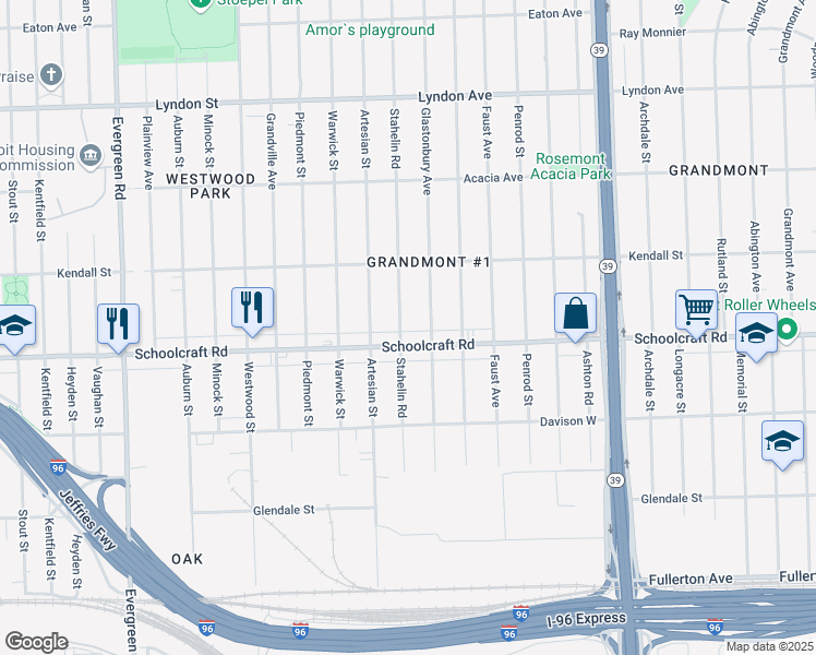 map of restaurants, bars, coffee shops, grocery stores, and more near 13928 Stahelin Road in Detroit
