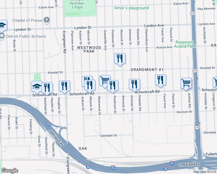 map of restaurants, bars, coffee shops, grocery stores, and more near 13934 Grandville Avenue in Detroit