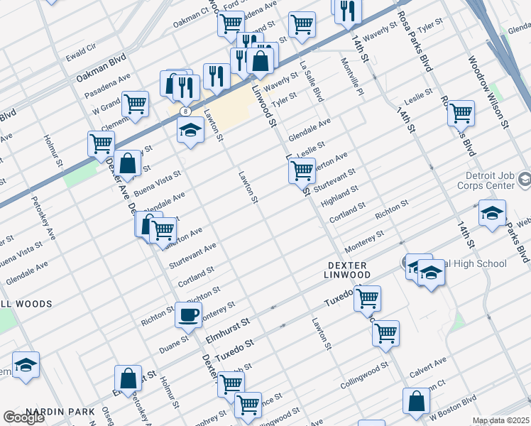 map of restaurants, bars, coffee shops, grocery stores, and more near 2750 Sturtevant Street in Detroit