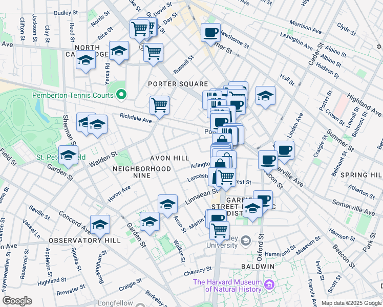 map of restaurants, bars, coffee shops, grocery stores, and more near 7 Walnut Avenue in Cambridge