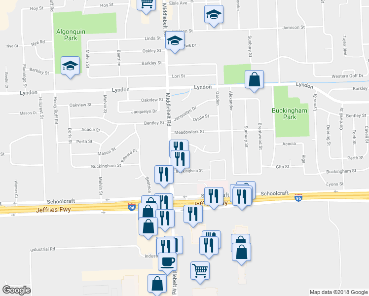 map of restaurants, bars, coffee shops, grocery stores, and more near 29261 Perth Street in Livonia