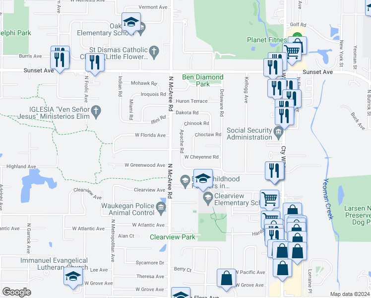 map of restaurants, bars, coffee shops, grocery stores, and more near 1901 Apache Rd in Waukegan