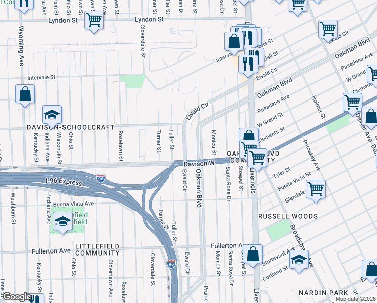 map of restaurants, bars, coffee shops, grocery stores, and more near 2977 Ewald Circle in Detroit