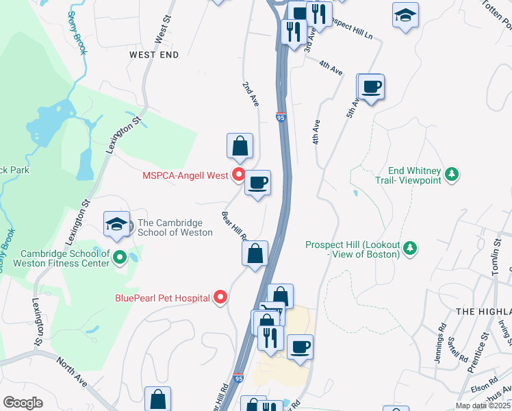 map of restaurants, bars, coffee shops, grocery stores, and more near 60 Hickory Drive in Waltham