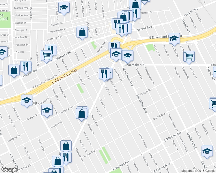 map of restaurants, bars, coffee shops, grocery stores, and more near 5900 Rohns Street in Detroit
