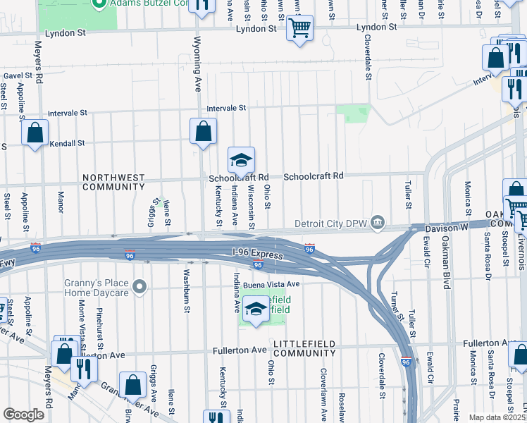 map of restaurants, bars, coffee shops, grocery stores, and more near 13559 Ohio Street in Detroit