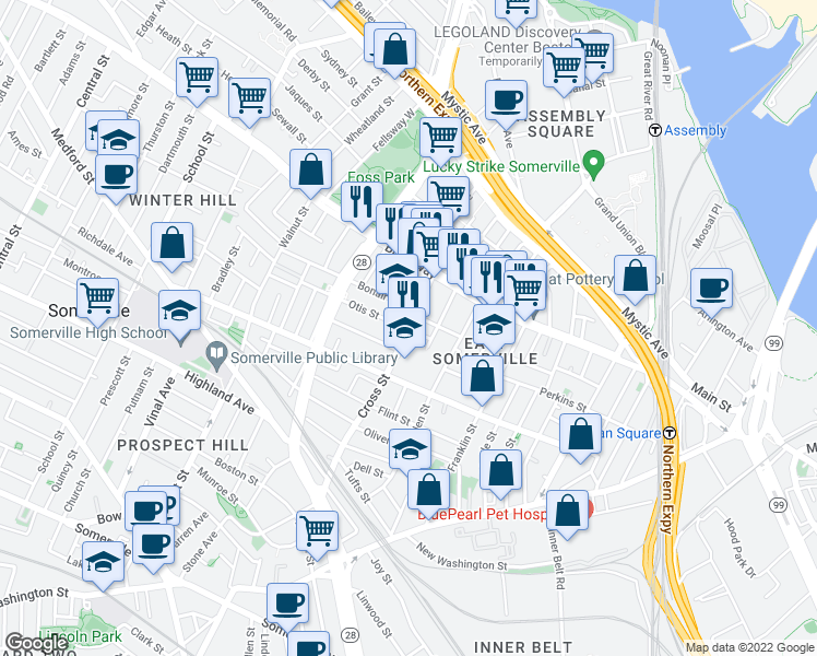 map of restaurants, bars, coffee shops, grocery stores, and more near Cross Street & Otis Street in Somerville