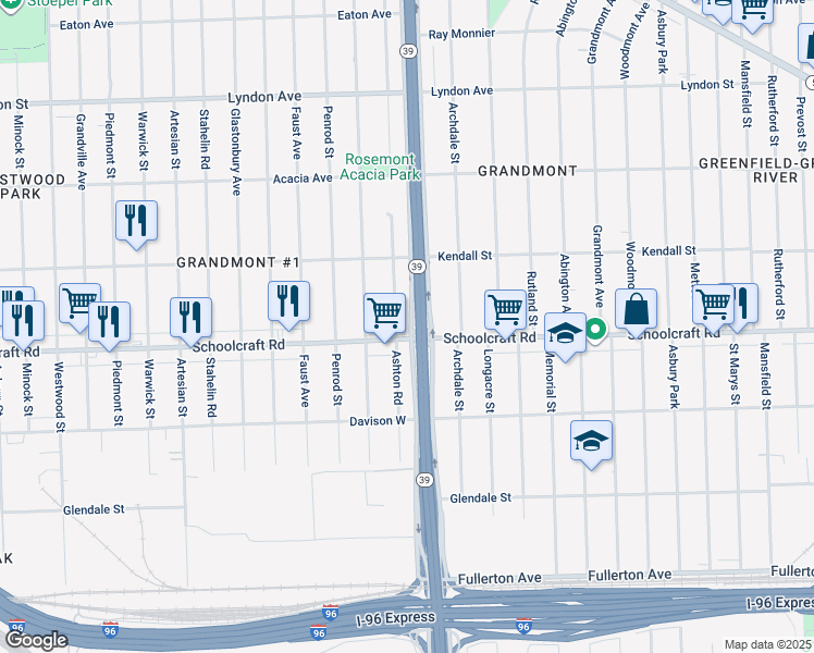 map of restaurants, bars, coffee shops, grocery stores, and more near 13920 Ashton Rd in Detroit