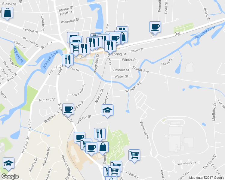 map of restaurants, bars, coffee shops, grocery stores, and more near 70 Broad Street in Hudson