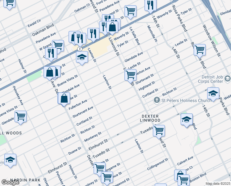 map of restaurants, bars, coffee shops, grocery stores, and more near 2750 Sturtevant Street in Detroit