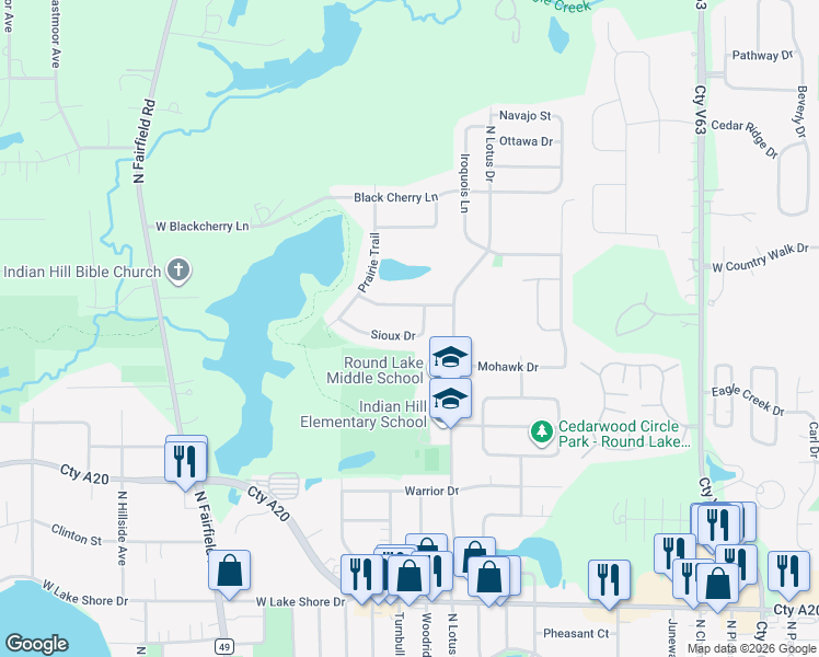 map of restaurants, bars, coffee shops, grocery stores, and more near 866 Sioux Drive in Round Lake Heights