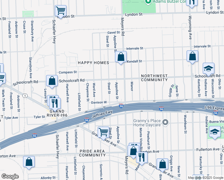 map of restaurants, bars, coffee shops, grocery stores, and more near 13586 Steel Street in Detroit