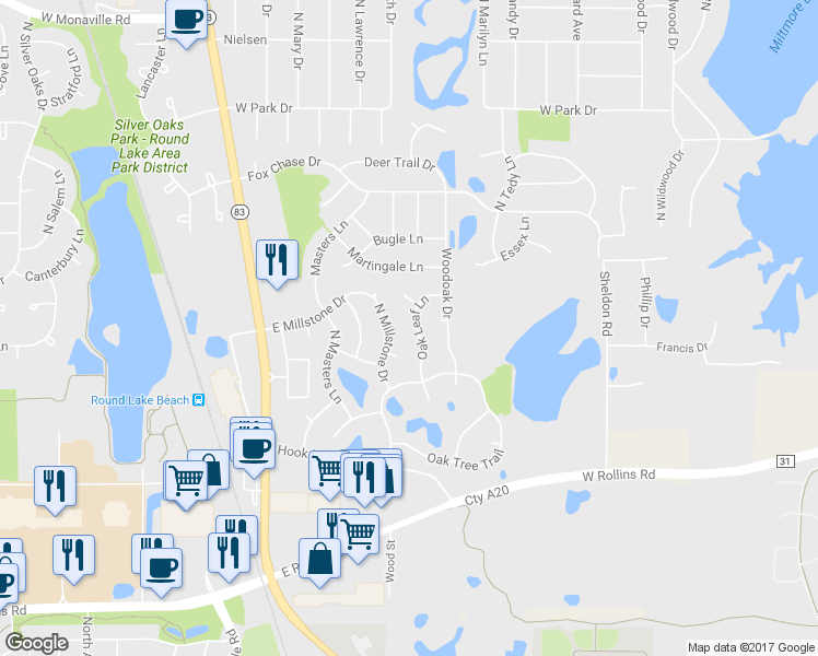 map of restaurants, bars, coffee shops, grocery stores, and more near 2124 Oak Leaf Lane in Lake Villa