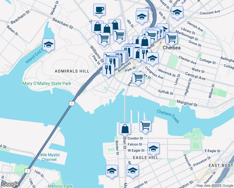 map of restaurants, bars, coffee shops, grocery stores, and more near 5 Winnisimmet Street in Chelsea