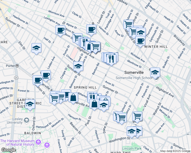 map of restaurants, bars, coffee shops, grocery stores, and more near 14 Westwood Road in Somerville