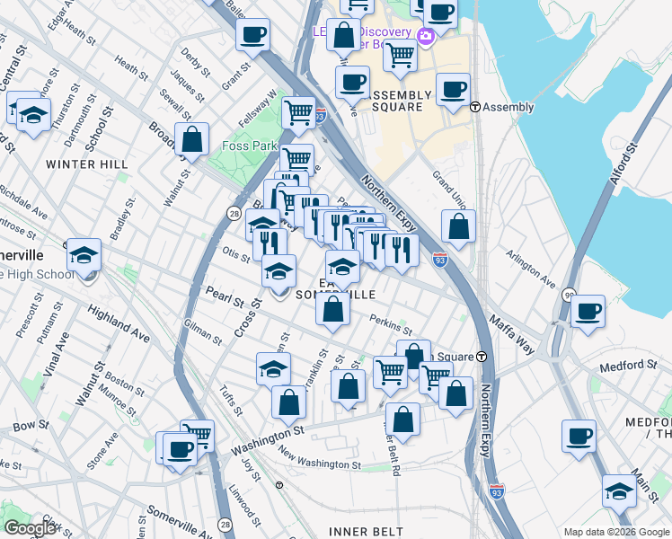 map of restaurants, bars, coffee shops, grocery stores, and more near 10 Cutter Street in Somerville
