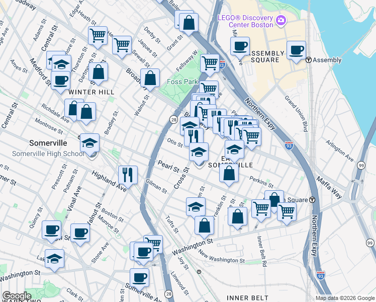 map of restaurants, bars, coffee shops, grocery stores, and more near 13 Everett Avenue in Somerville