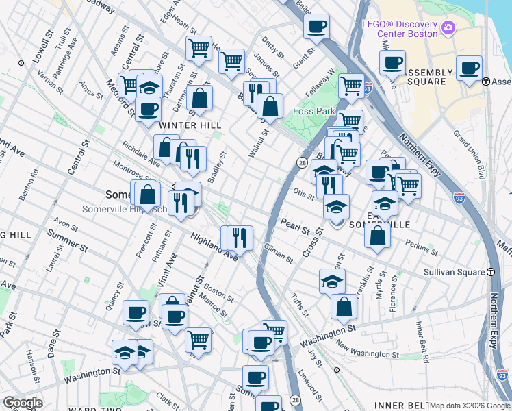 map of restaurants, bars, coffee shops, grocery stores, and more near 5 Wesley Street in Somerville
