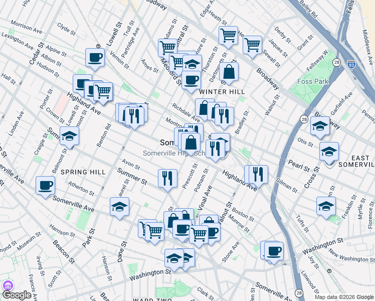 map of restaurants, bars, coffee shops, grocery stores, and more near 93 Highland Avenue in Somerville