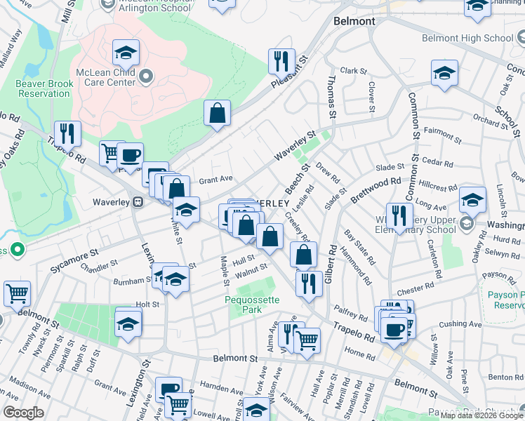 map of restaurants, bars, coffee shops, grocery stores, and more near in Belmont
