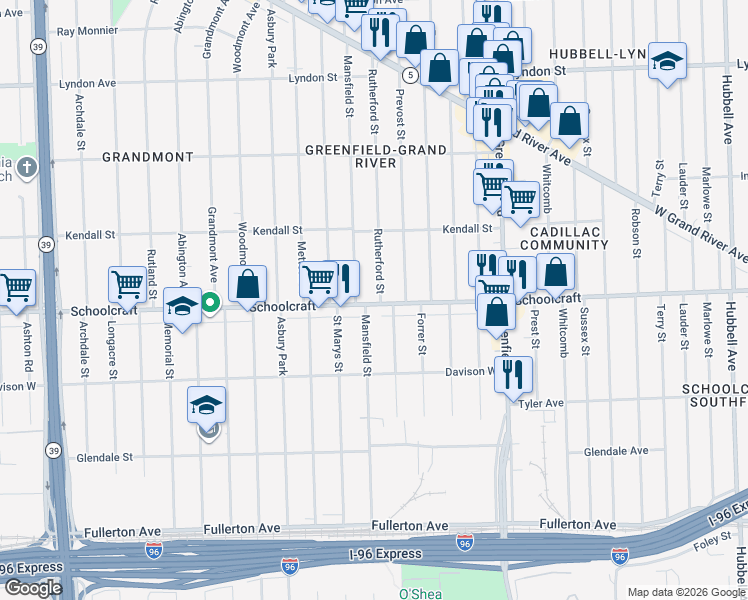 map of restaurants, bars, coffee shops, grocery stores, and more near 16025 Schoolcraft in Detroit