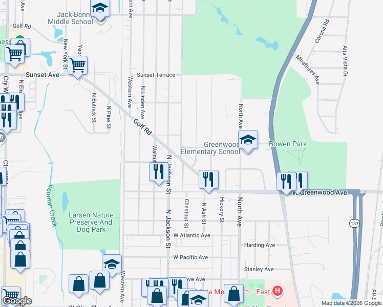 map of restaurants, bars, coffee shops, grocery stores, and more near 1906 North Poplar Street in Waukegan