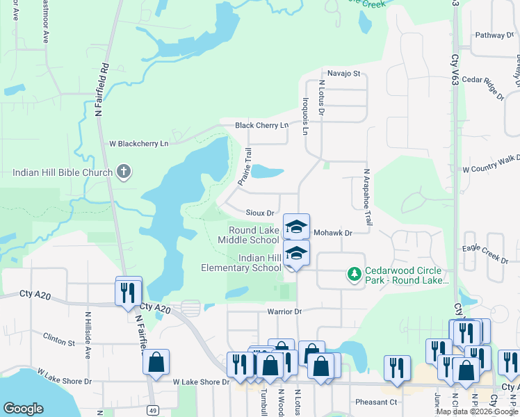map of restaurants, bars, coffee shops, grocery stores, and more near 884 Sioux Drive in Round Lake Heights