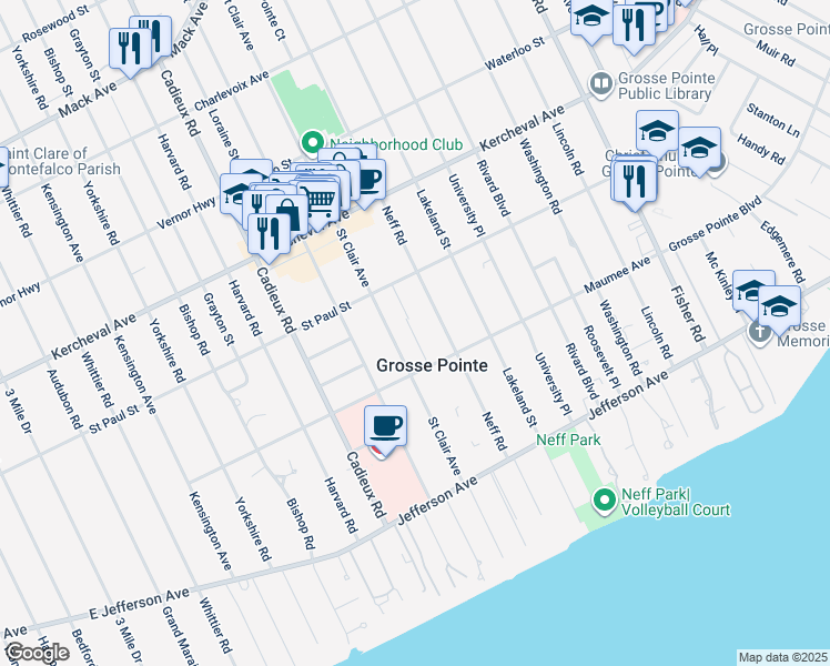 map of restaurants, bars, coffee shops, grocery stores, and more near 17107 Maumee Avenue in Grosse Pointe