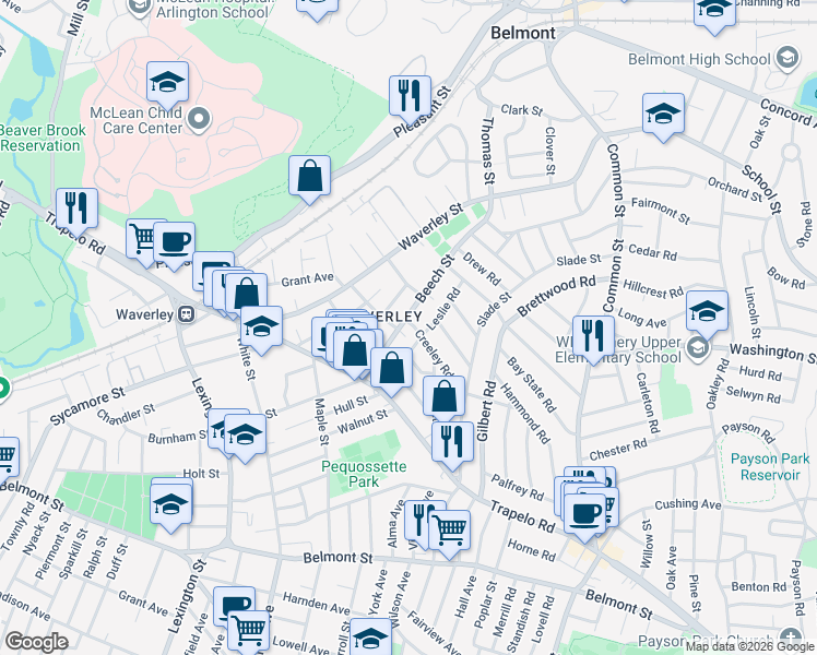 map of restaurants, bars, coffee shops, grocery stores, and more near in Belmont