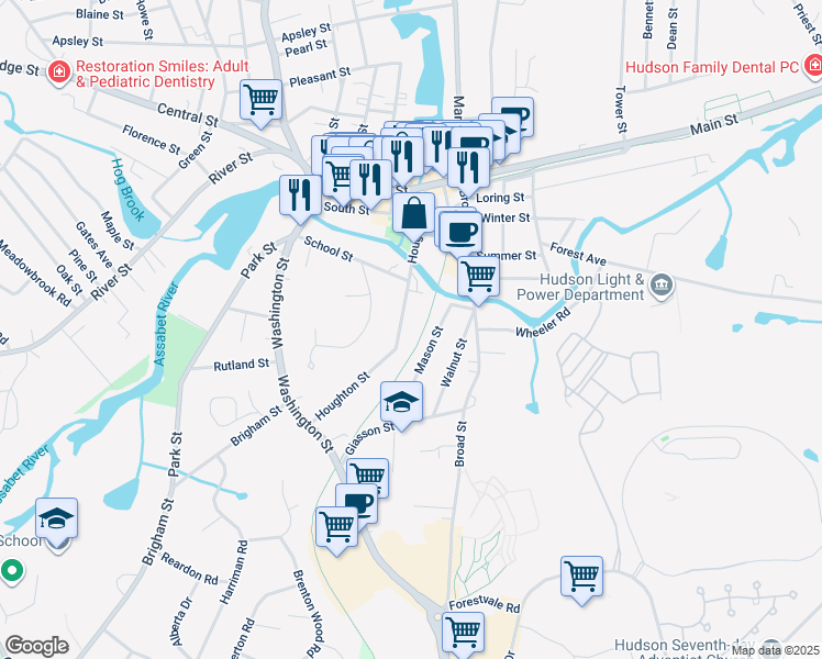 map of restaurants, bars, coffee shops, grocery stores, and more near 68 Houghton Street in Hudson