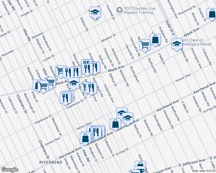 map of restaurants, bars, coffee shops, grocery stores, and more near 1404 Somerset Avenue in Grosse Pointe Park
